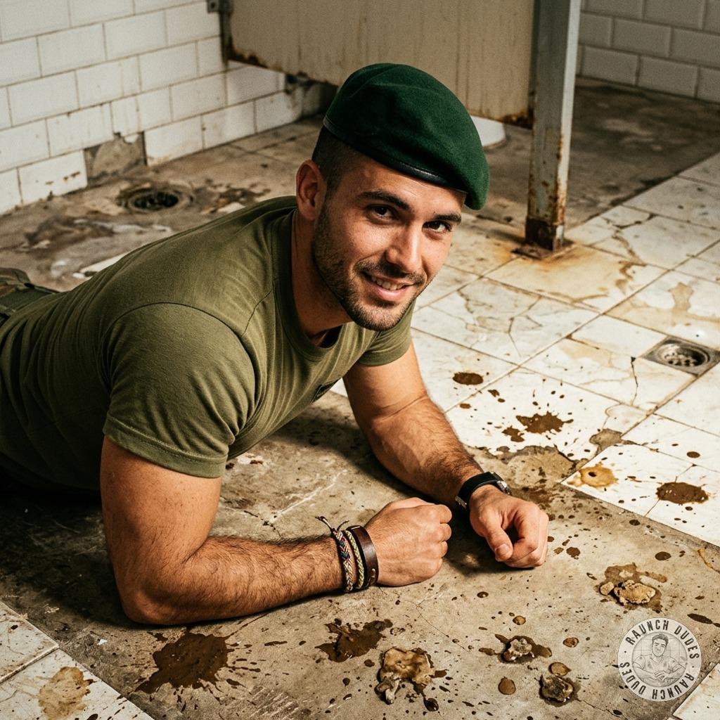 That filthy soldier is face-down in the shit-covered floor, his asshole gaping for more. His cock throbs as he imagines...