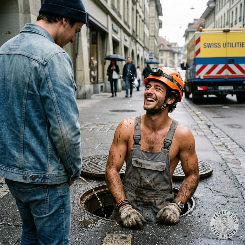 That hot construction guy bends over, dick in hand, and unleashes a scalding golden stream straight into the open sewer 🚽💦...