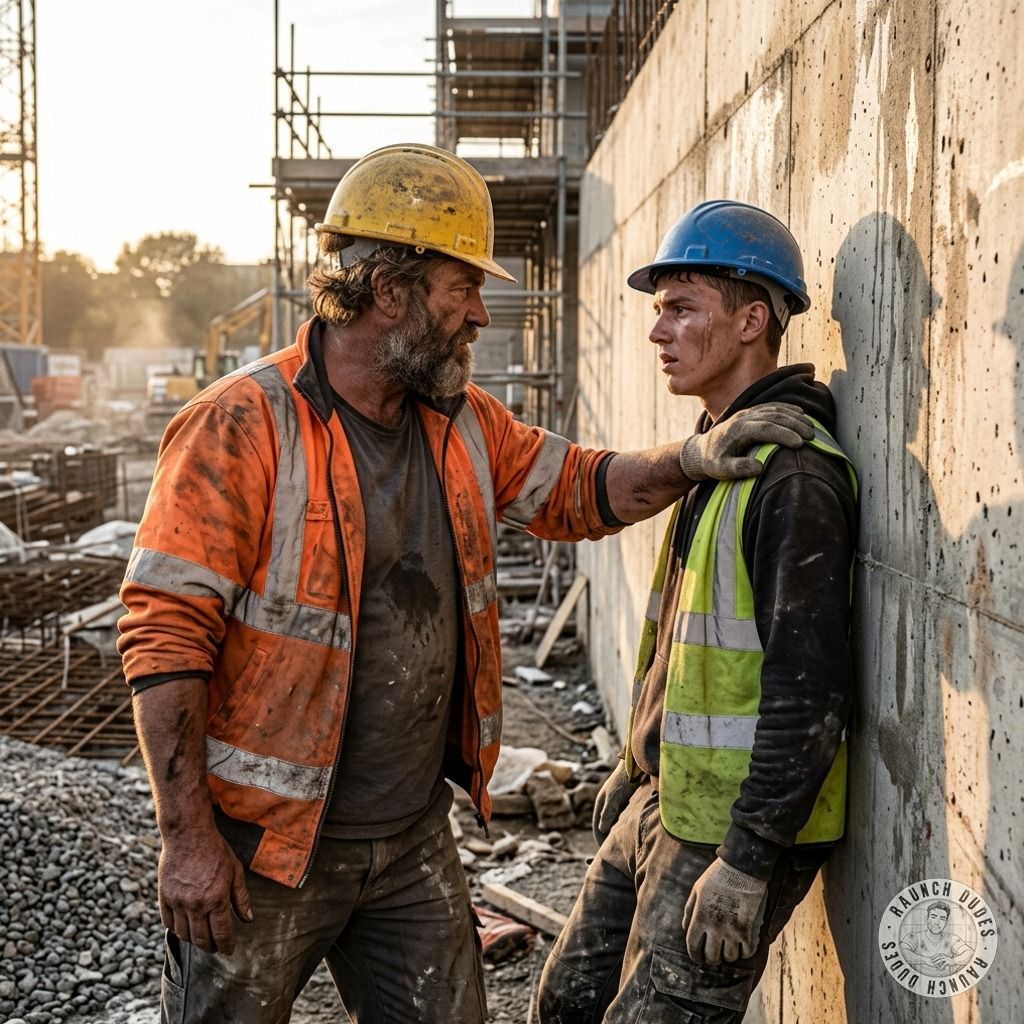 Construction worker’s rough hands grip me hard against the grimy wall, his sweaty, hairy chest pressing me down as dust...
