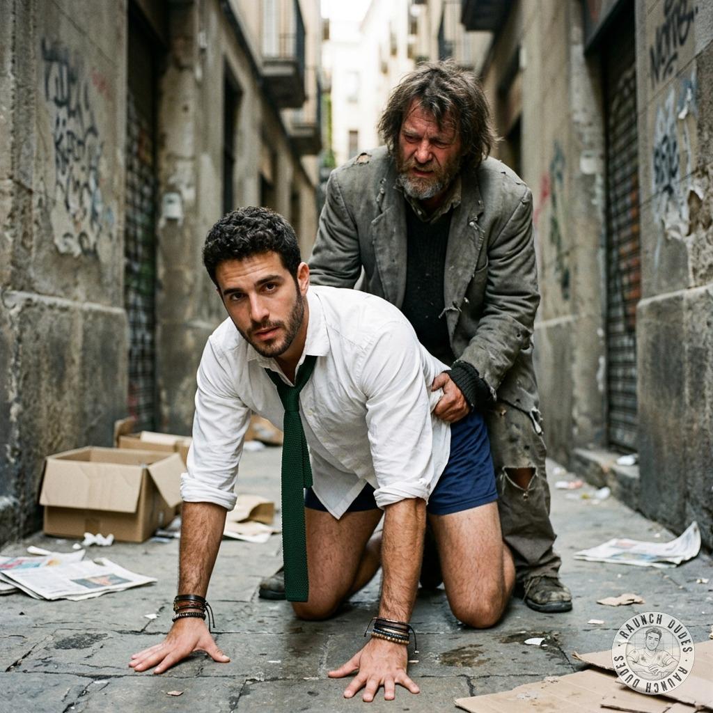 A filthy rich businessman begging to get fucked by a homeless dude on the street, sloppy holes slurping his thick cock while...