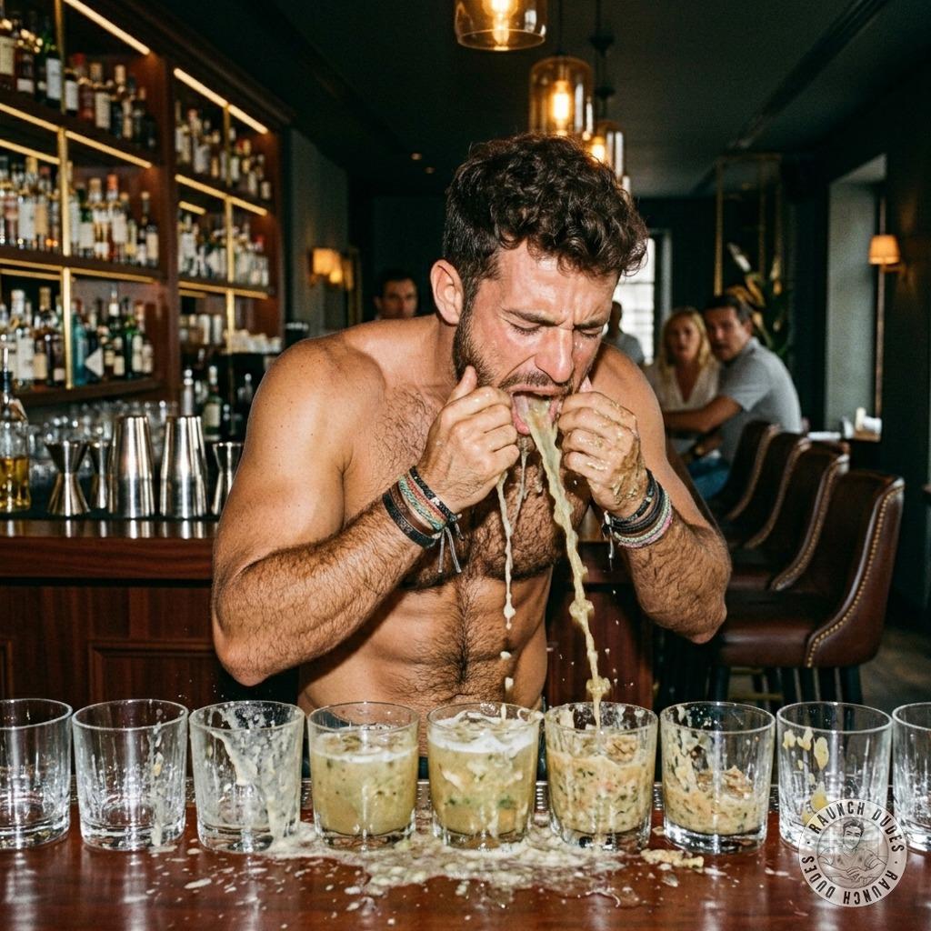 Barman pukes in every cocktail, mixing his spit with the puke. Sip the cum of his disgusting mess. #gaypuke #inpublic