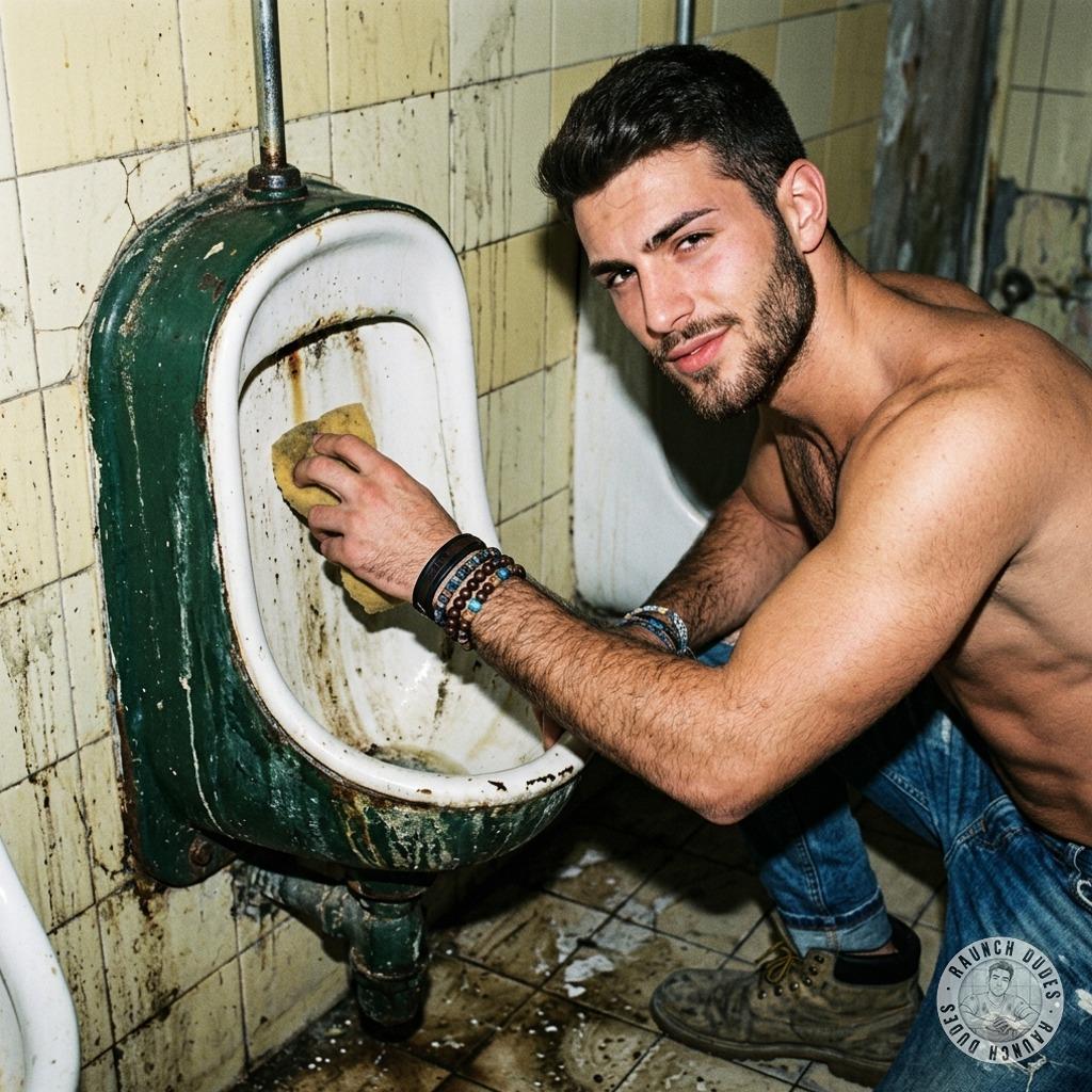 That filthy little twink’s pissing in the grimy pub bogs, leaving golden rivers on the filth-stained tiles while I watch,...