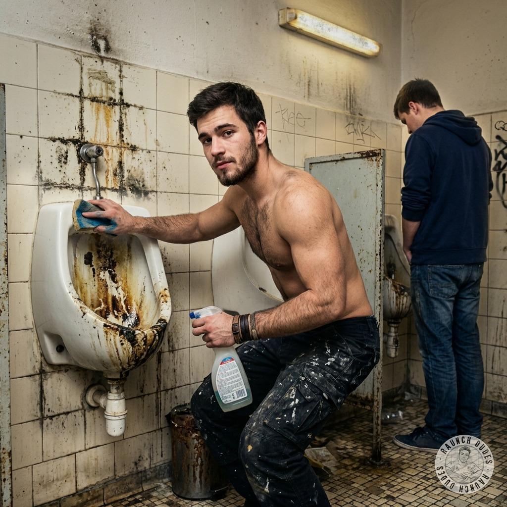 That filthy twink’s pissing all over the grimy pub toilets, leaving his golden streams splashing on the filthy tiles while...