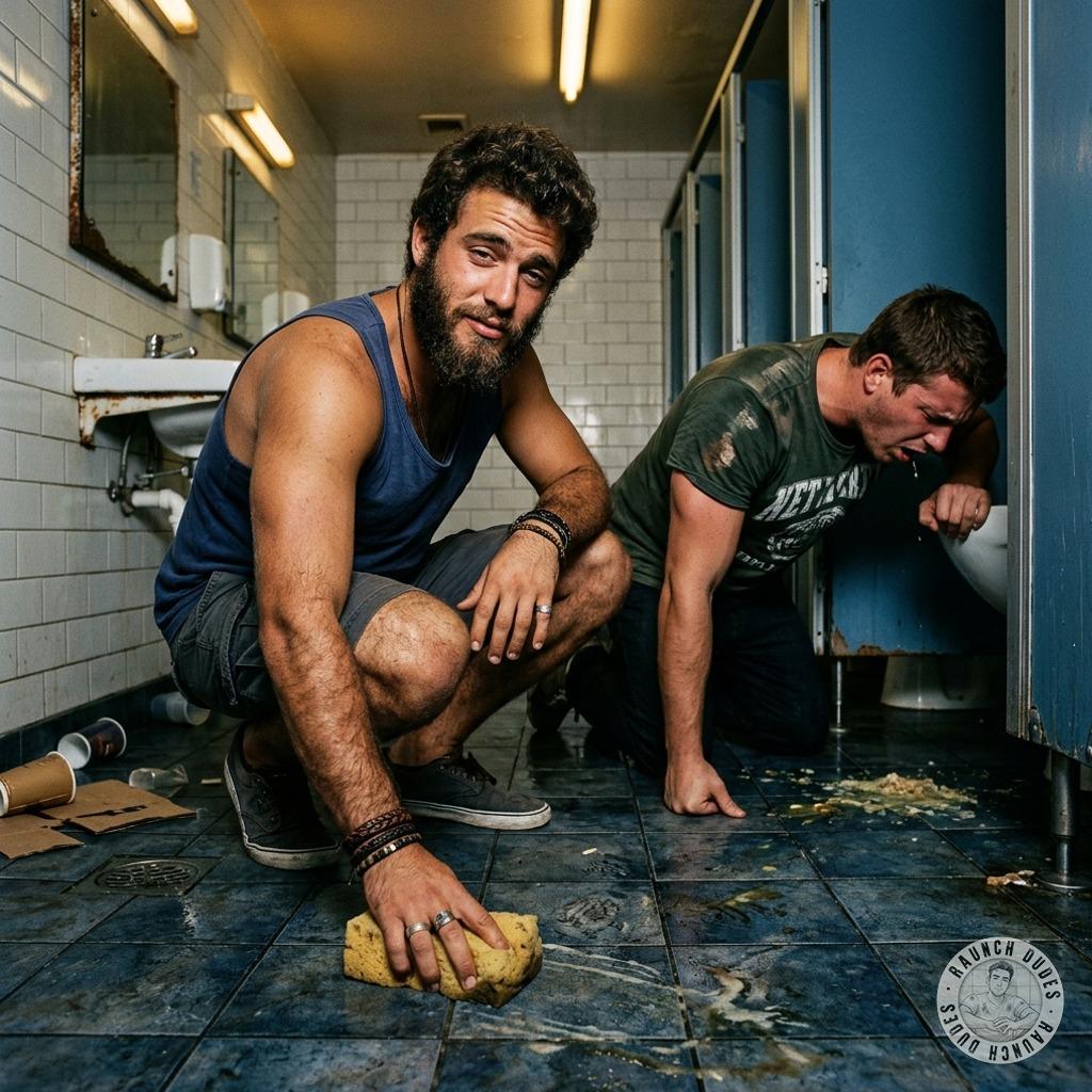 Cleaning up the sticky puke off the bathroom floor while drunk gays groan and groan, their filthy mouths still dripping with...