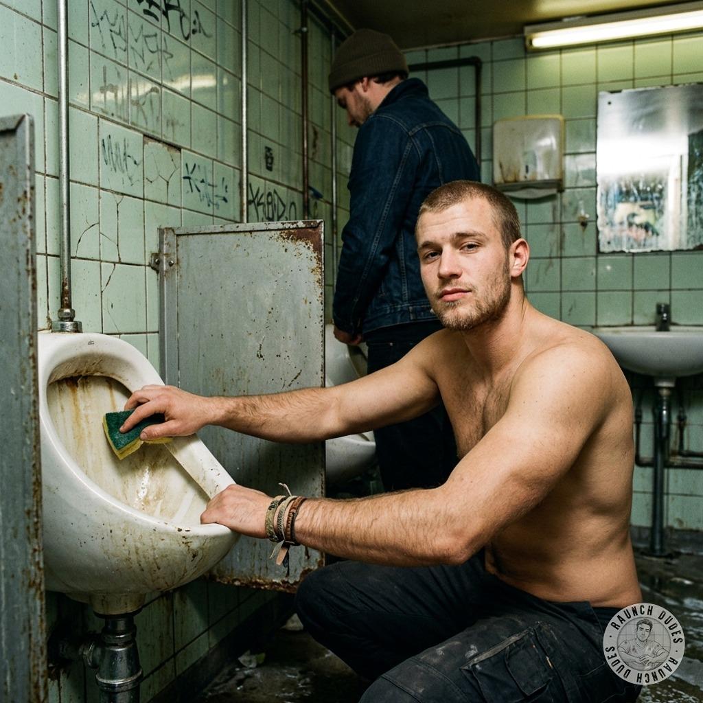 That filthy twink pisses all over the grimy pub toilets, leaving golden streams on the cracked tiles while moaning like a...