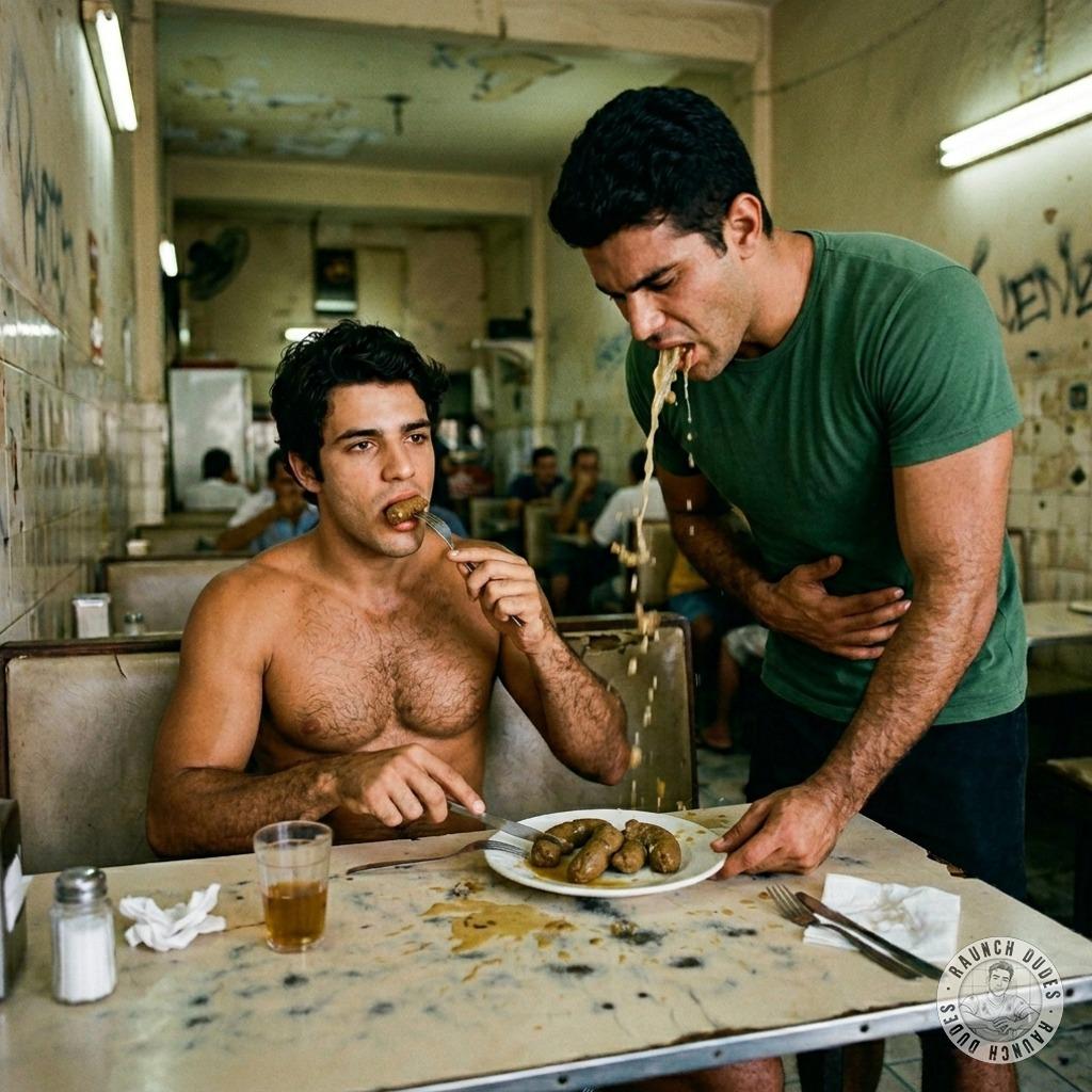 A young pervert continues to eat shit while the waiter vomits on his plate #gayscat #gaypuke #dirtykitchen #rough