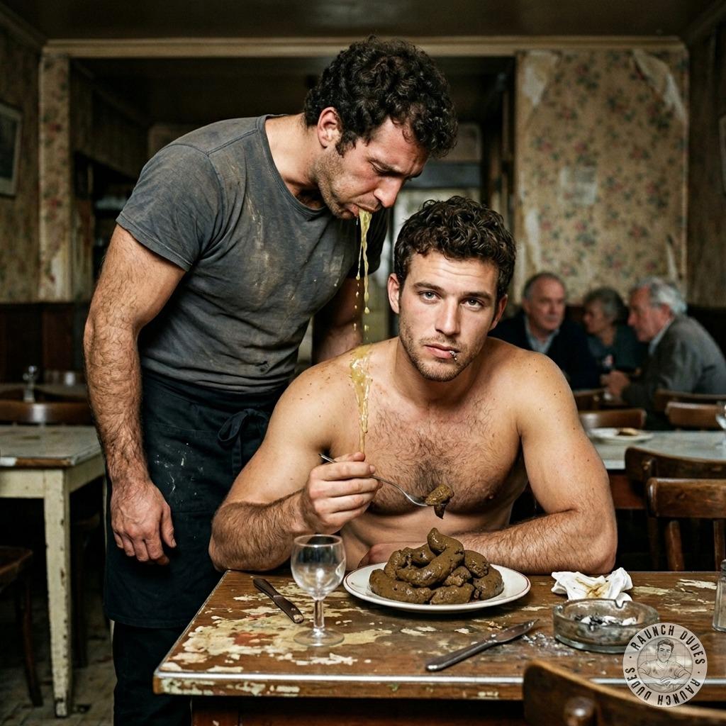 A young pervert continues to eat shit while the waiter vomits on his plate #gayscat #gaypuke #dirtykitchen #submission #hairy