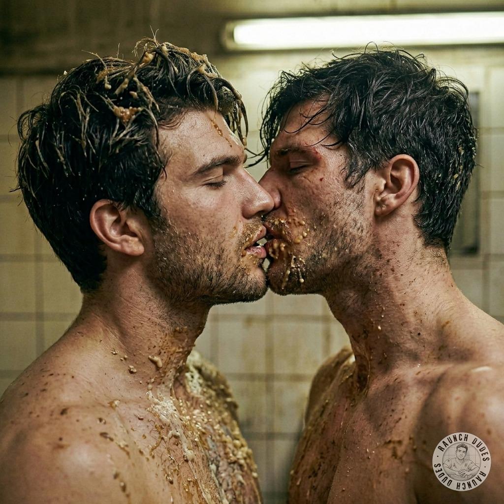 Two boys kissing each other covered in vomit #gaypuke #kiss #hairy