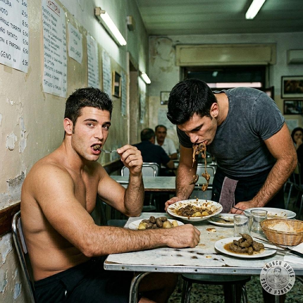 A young pervert continues to eat shit while the waiter vomits on his plate #gayscat #gaypuke #dirtykitchen #humiliation...