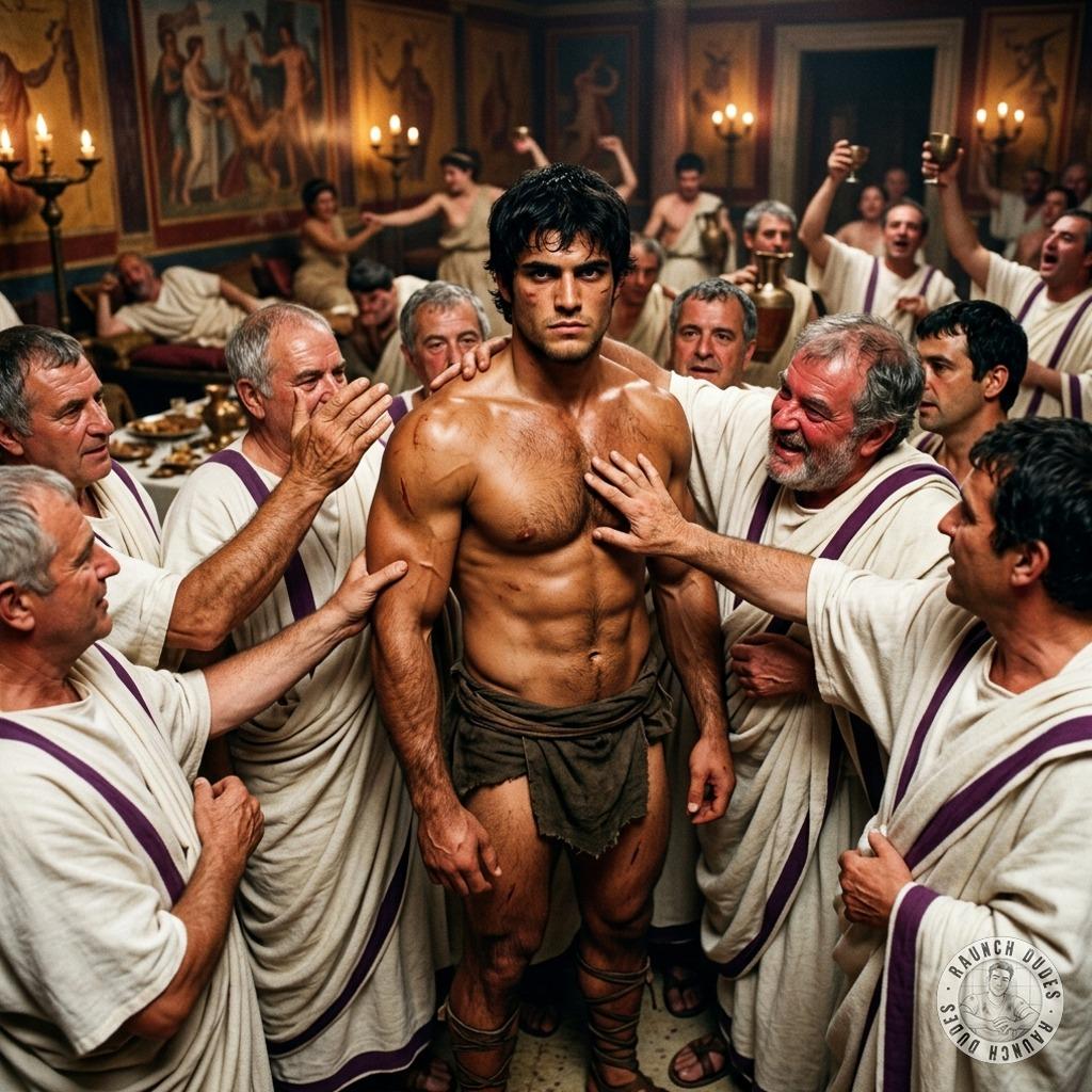Senators are fucking that gladiator raw, pounding his tight ass till he’s screaming for more. His hole’s dripping with their...