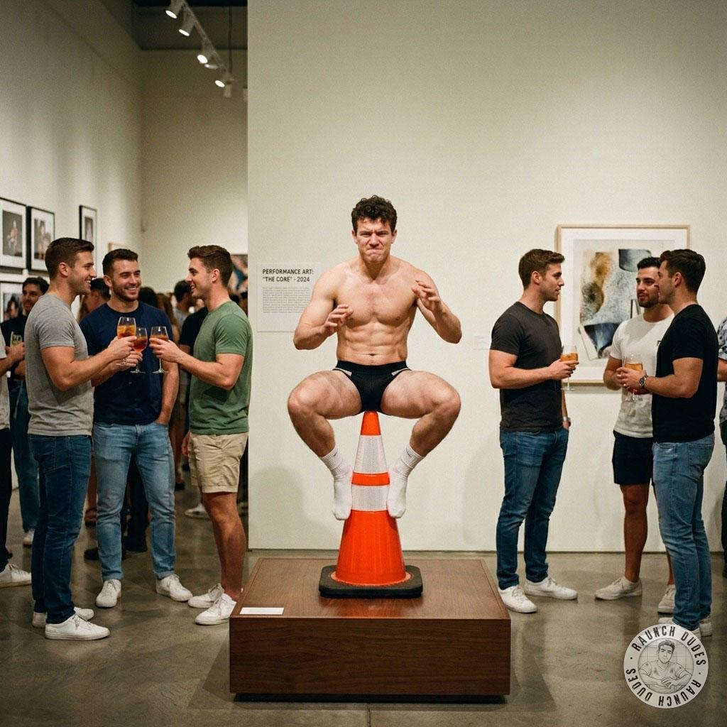 This artist just took "performance art" to a whole new level—stuffing a traffic cone up his tight ass for the gallery...