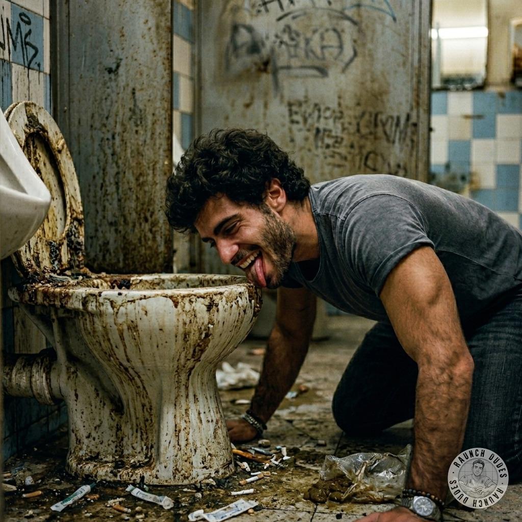 Dirty little piglet gets his face buried in a filthy public toilet bowl, tongue lapping up every last drop of warm, stinking...