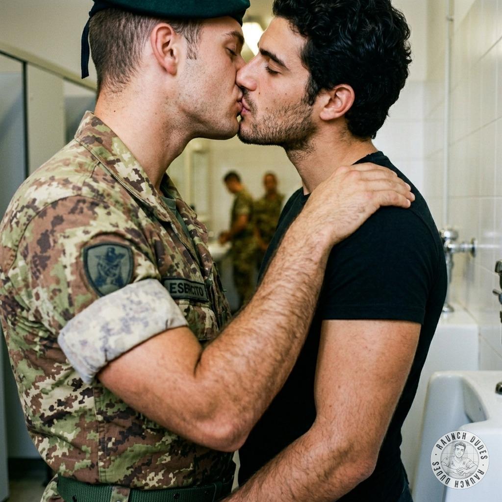 Bathroom kisses with a soldier—his camo uniform clinging to that tight ass, his mouth hot and demanding as he shoves his...