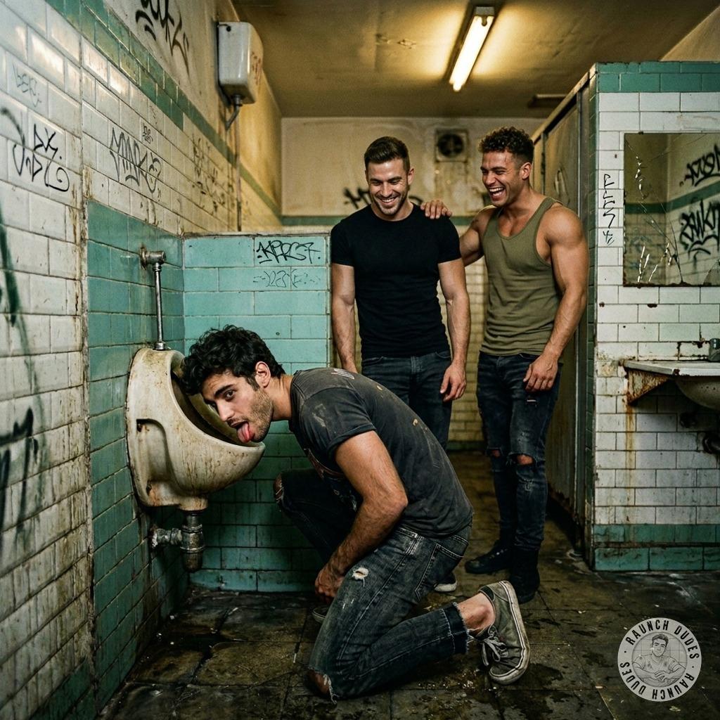 Watch those two hungry dicks throb as I tongue-fuck this filthy toilet bowl, licking every last drop of piss-stained...