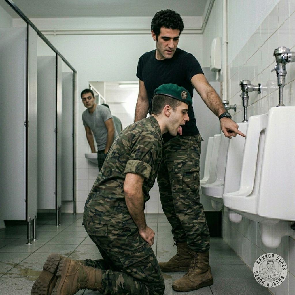 That muscular soldier kneeling to lick the filthy public toilet bowl while I watch him gag on the stinky shit stains 😈💦...