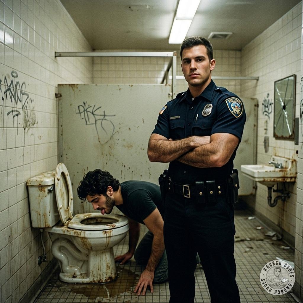 That cop’s got a front-row seat as this hungry twink slurps the filthy bowl, rimmed with piss & grime. Watching that ass...