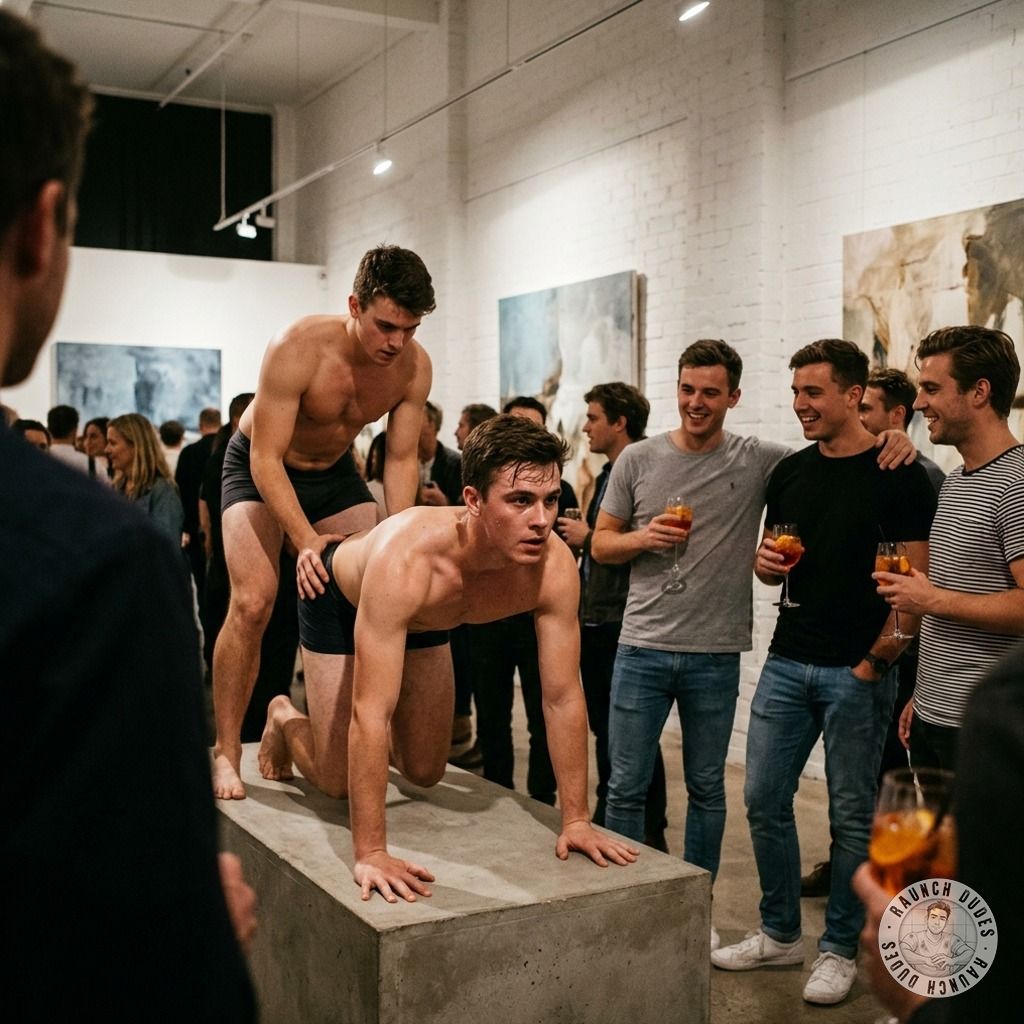 Two dudes going full throttle in a public art show opening, ass to ass in the middle of the gallery like it’s their fucking...