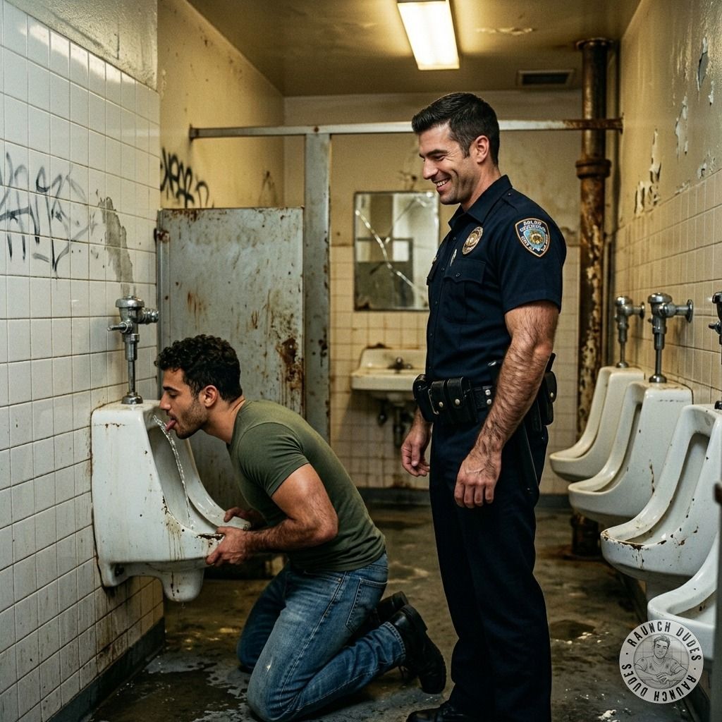 licking that filthy toilet like a hungry pup, ass dripping with shame while the cop watches, his dick twitching in his pants...
