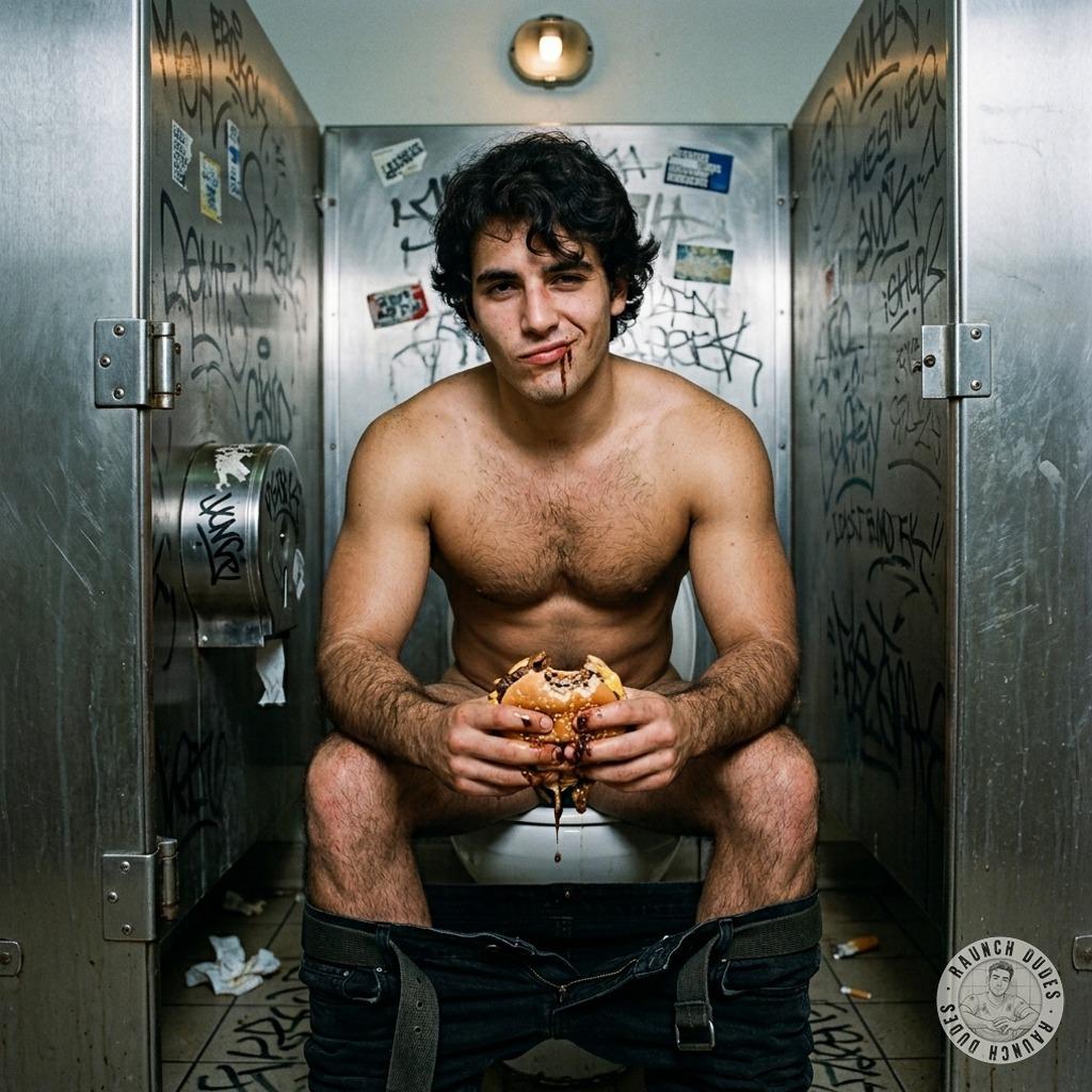 Sucking that greasy burger down while my ass drips on the public toilet seat—nothing like the filthy thrill of eating in a...