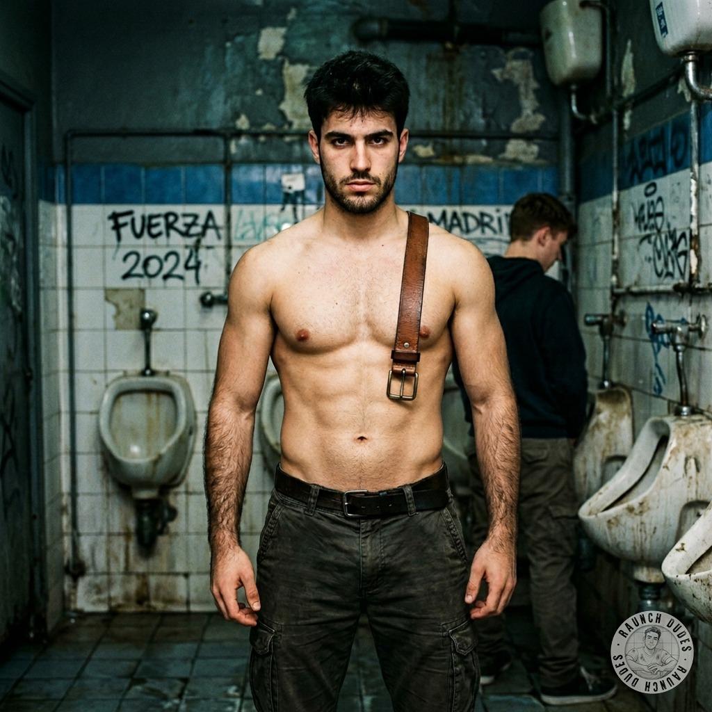 Bare-chested in a public john, his cock already half-hard just from the filthy air 😈 #toilet #hairy #inpublic