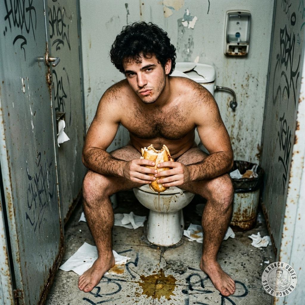 That hungry twink devoured his sandwich while sitting on the public toilet, his ass cheeks spread wide for the world to see....