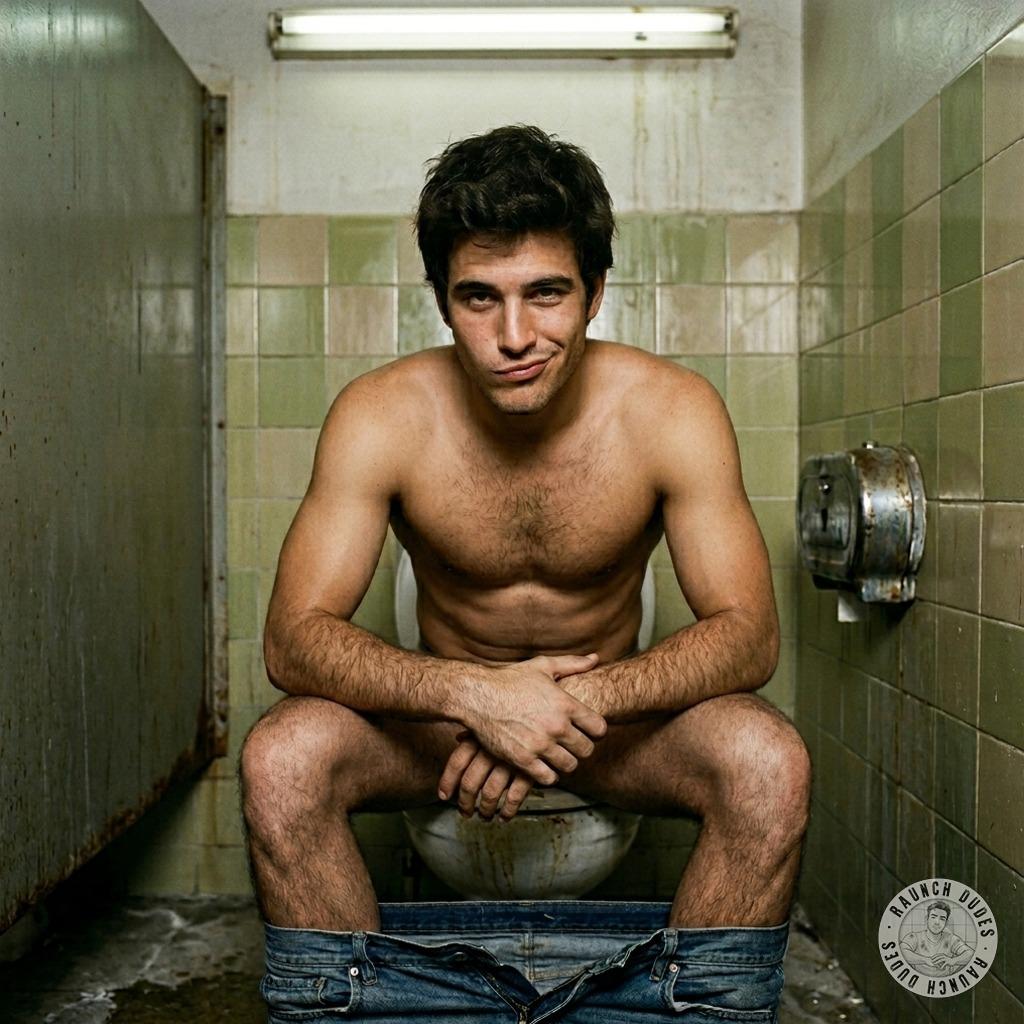 Shoving his ass deep into the public toilet, he lets out a thick, warm load of shit right in the bowl 🚽💩🔥 #humiliation...