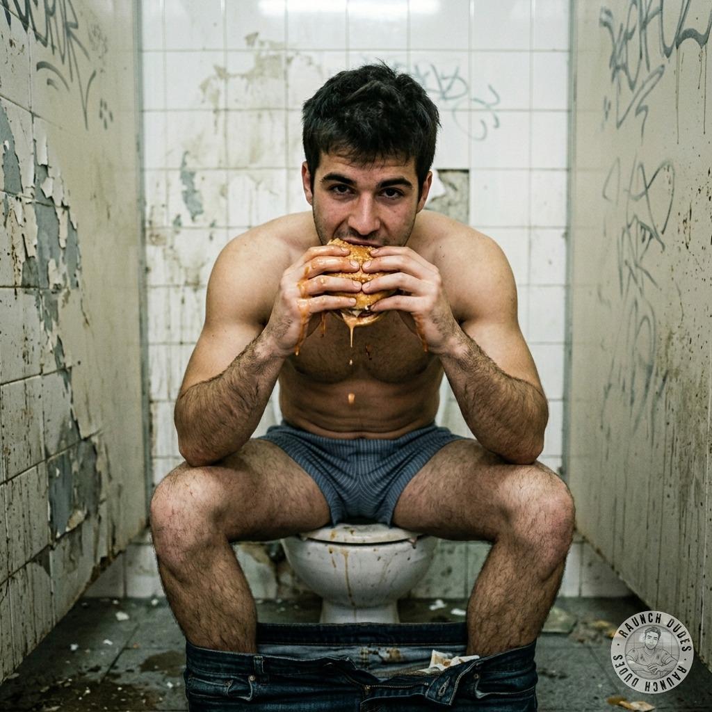 Eating that greasy burger while sitting on a public toilet’s shitter, juice dripping down your chin, thighs spread...
