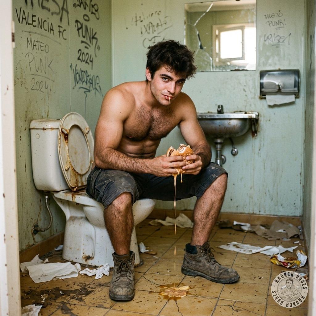 Fucking hot dude stuffing his face with a greasy burger while squatting on a public toilet seat, juice dripping down his...