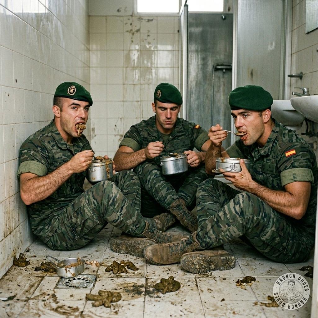 3 soldiers in a public toilet, stuffing their faces with warm, creamy shit like it’s the last meal they’ll ever taste 💩🔥...