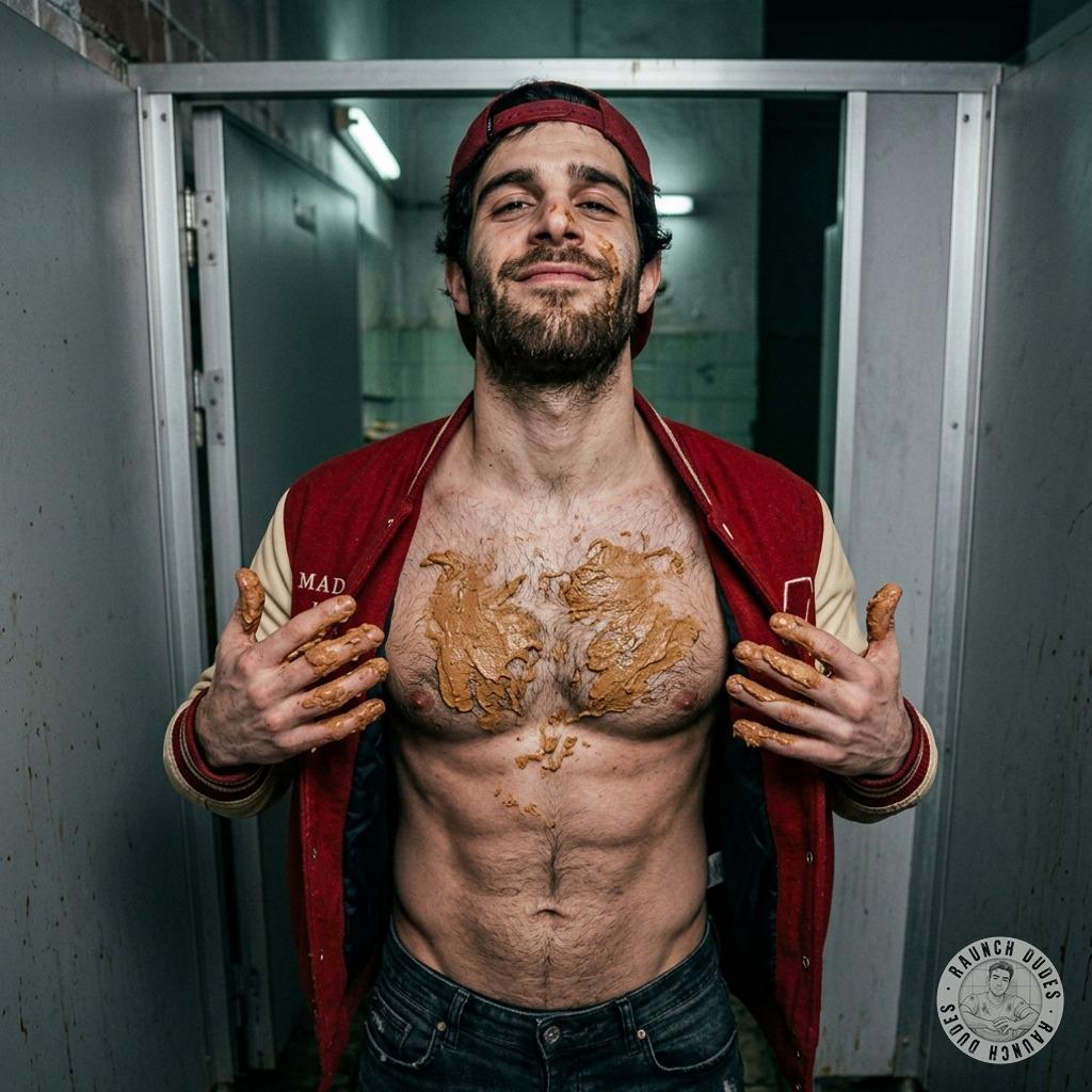 This twink just slathered himself in public toilet shit, rubbing it all over his tight little body like a filthy little pig...