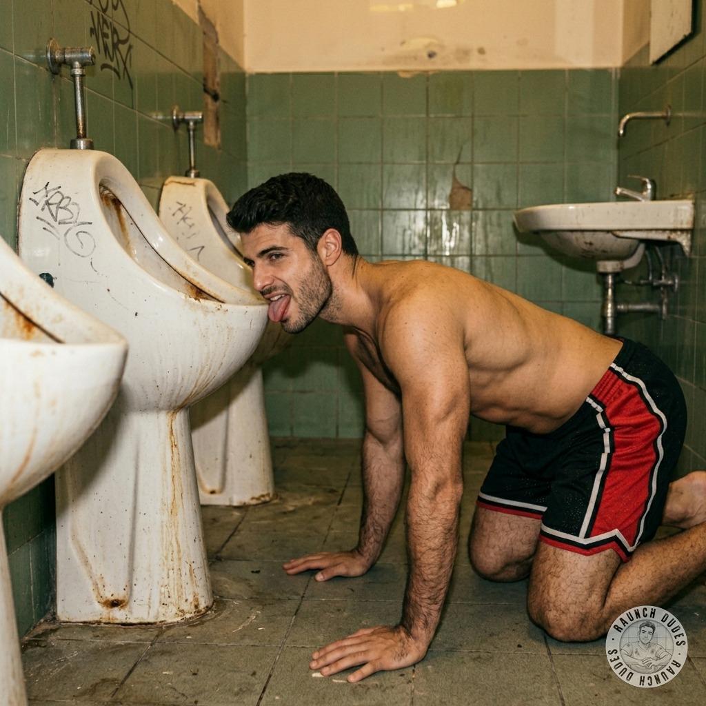 licking those filthy public urinals like a hungry pup, tongue swirling over the grimy porcelain, tasting every drop of stale...