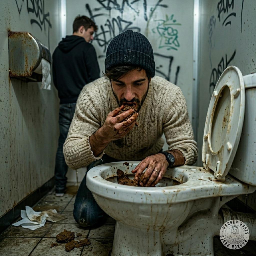 That twink’s got a mouth full of shit, swallowing every filthy drop from the public toilet bowl like it’s his fucking...