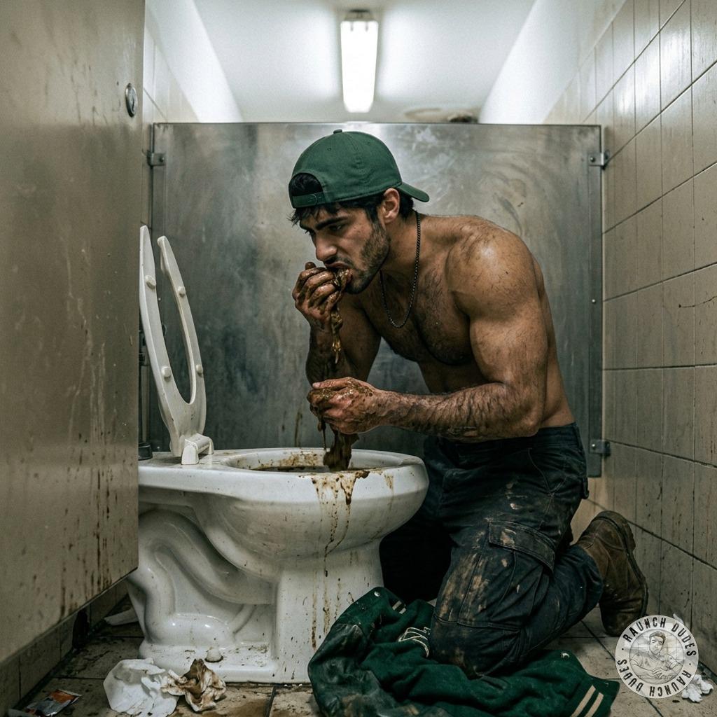 That filthy twink kneels in a filthy public toilet, shoves his face in the bowl & starts gobbling down warm, stinky shit...