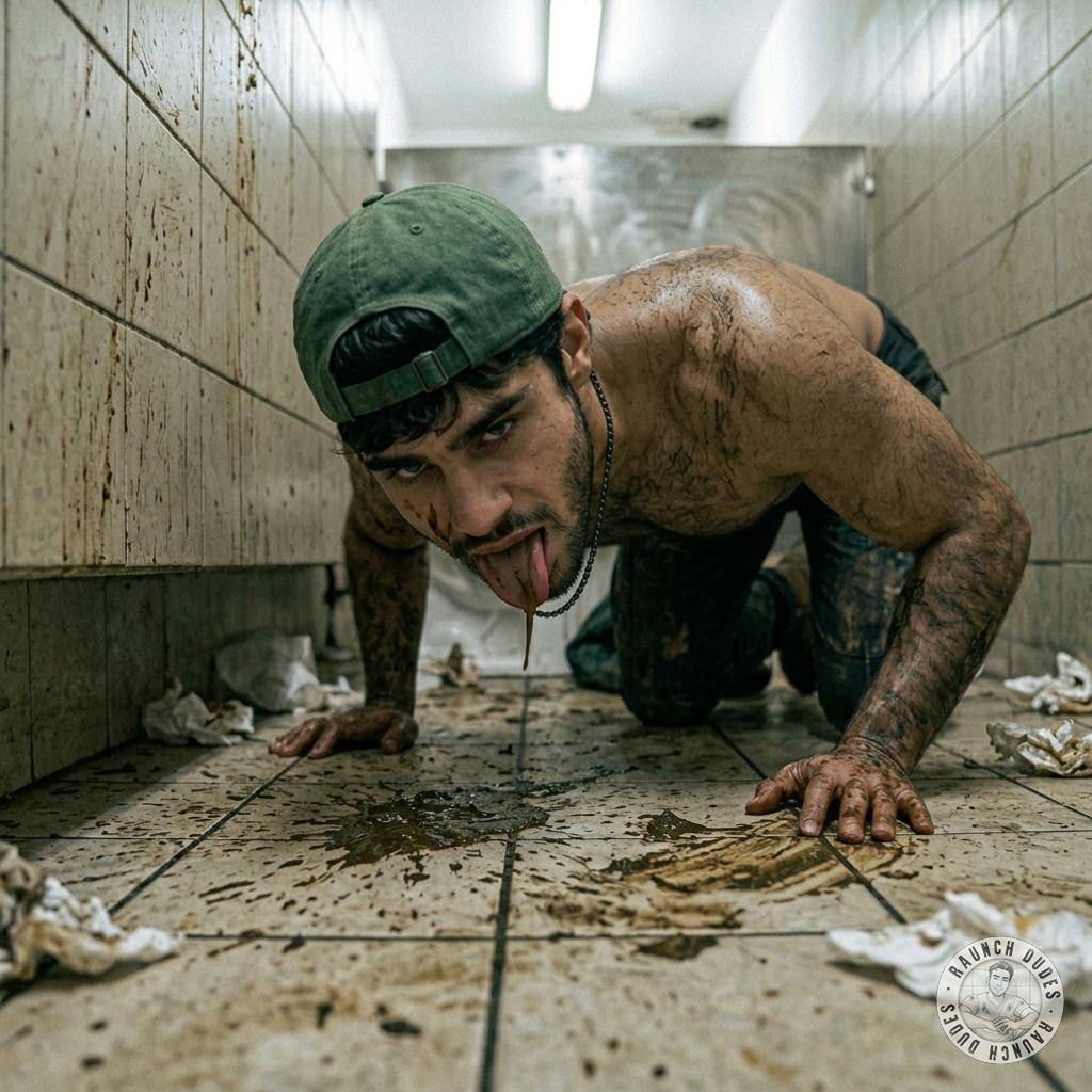 That filthy twink on his knees, tongue dragging across the grimy public bathroom floor like he’s worshipping the grime....