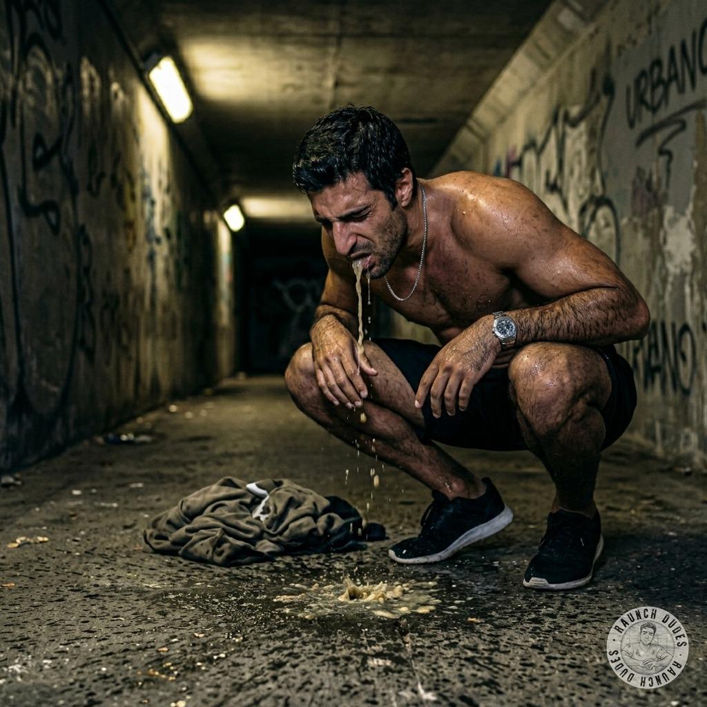 Vomiting in a subway tunnel, the bitter stench of bile mixing with sweat & cum stains on the walls. Watching his face twist...