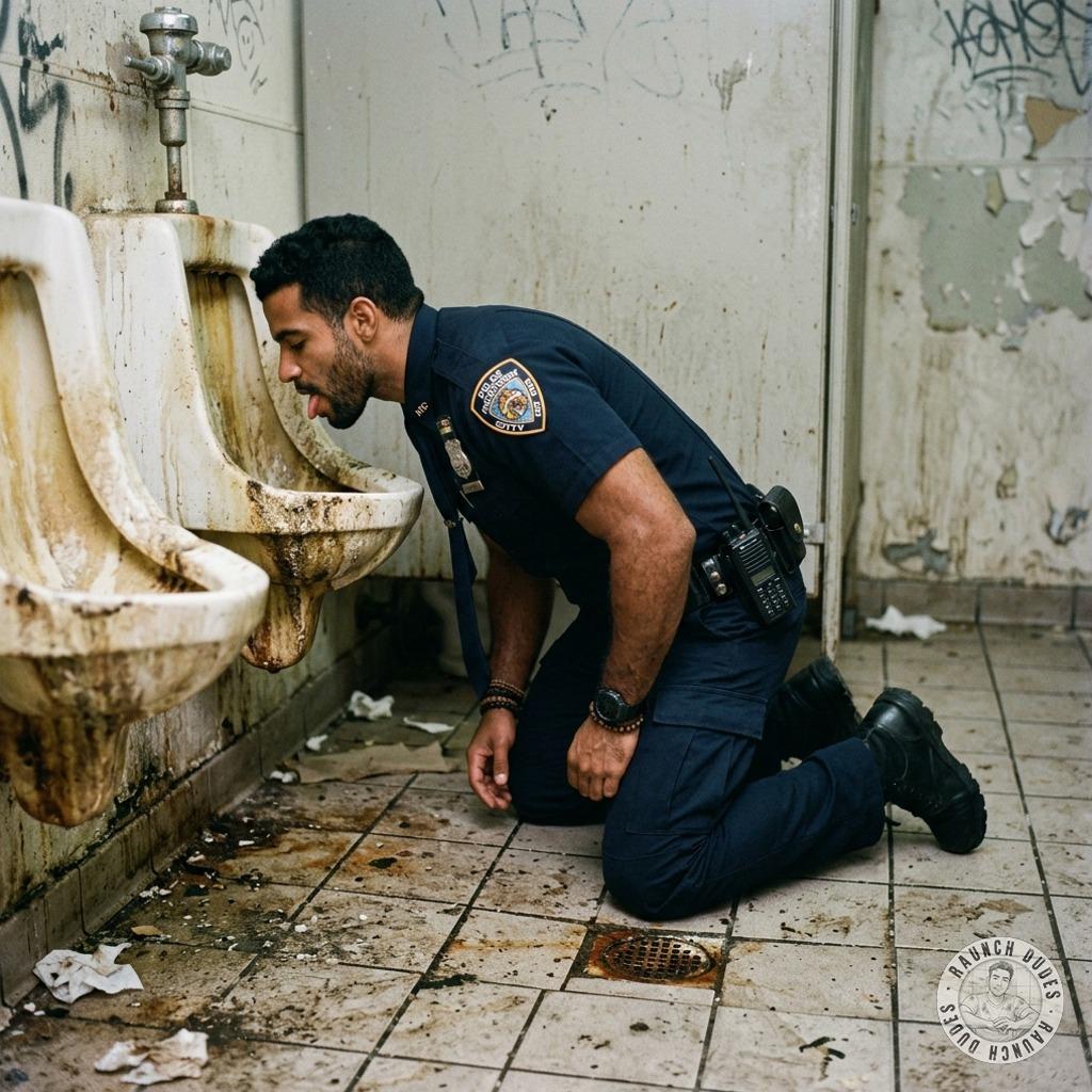 Cop dripping on the urinal, tongue out, eyes locked on that sticky cockhead like it’s the last drop of cum in the desert....
