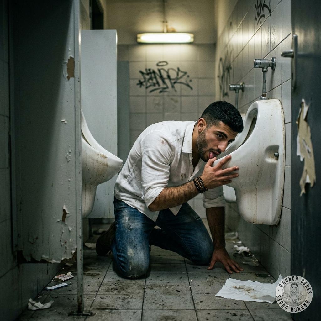 That filthy slut gets on his knees in the grimy public john, tongue out, lapping up the warm piss and grime from the urinal...