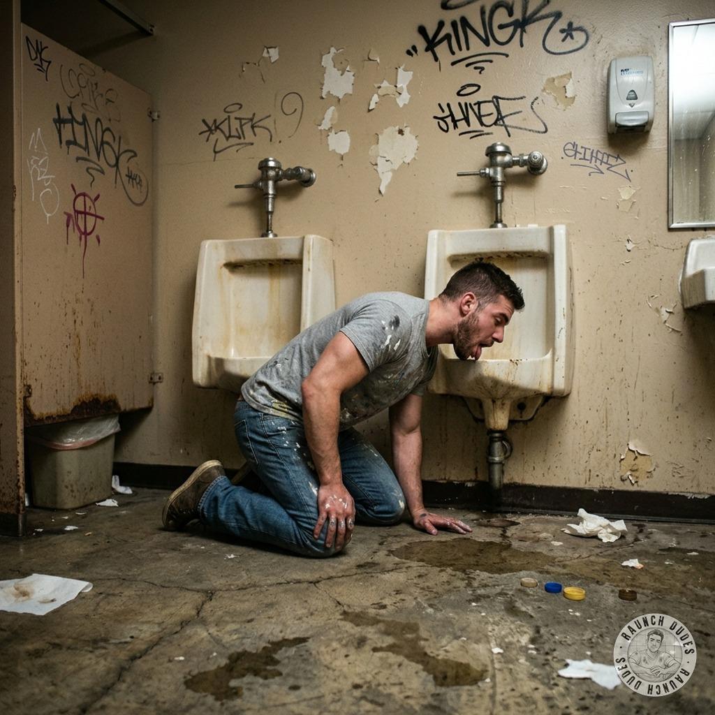 That filthy pervert slurps the piss-soaked urinal like it’s the sweetest nectar, groaning as he swirls his tongue around the...