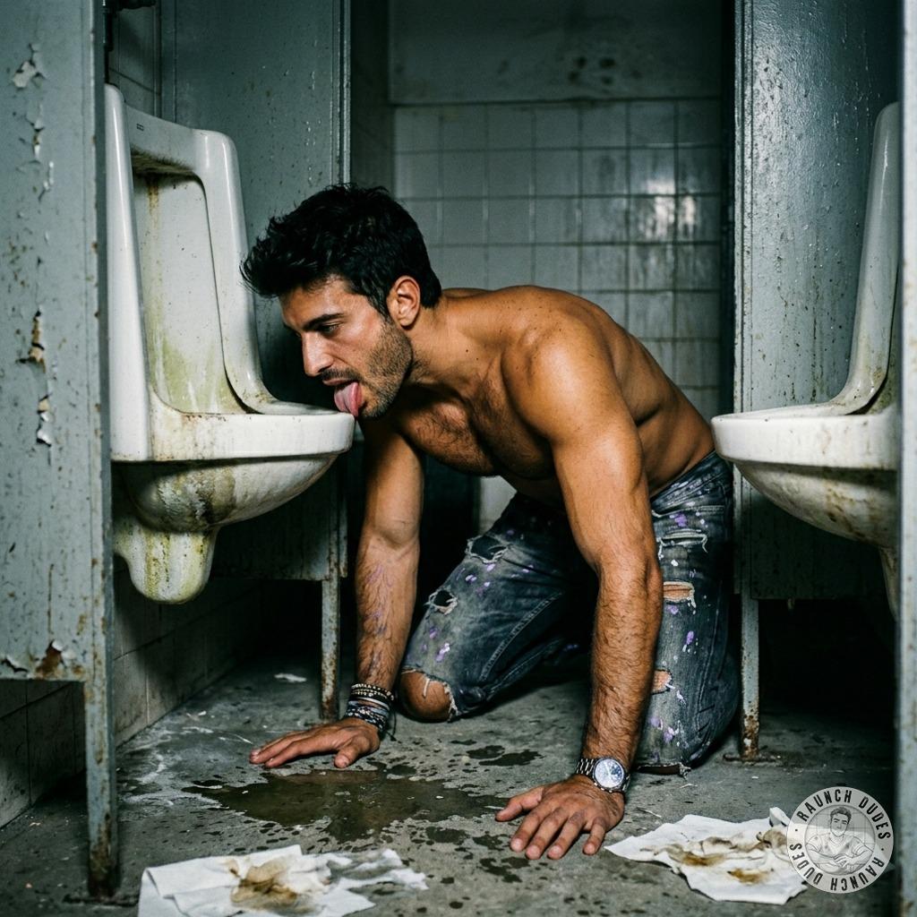 That filthy slut can’t resist the stink of a public trough—tongue out, slurping up every drop of stale piss and grime like...