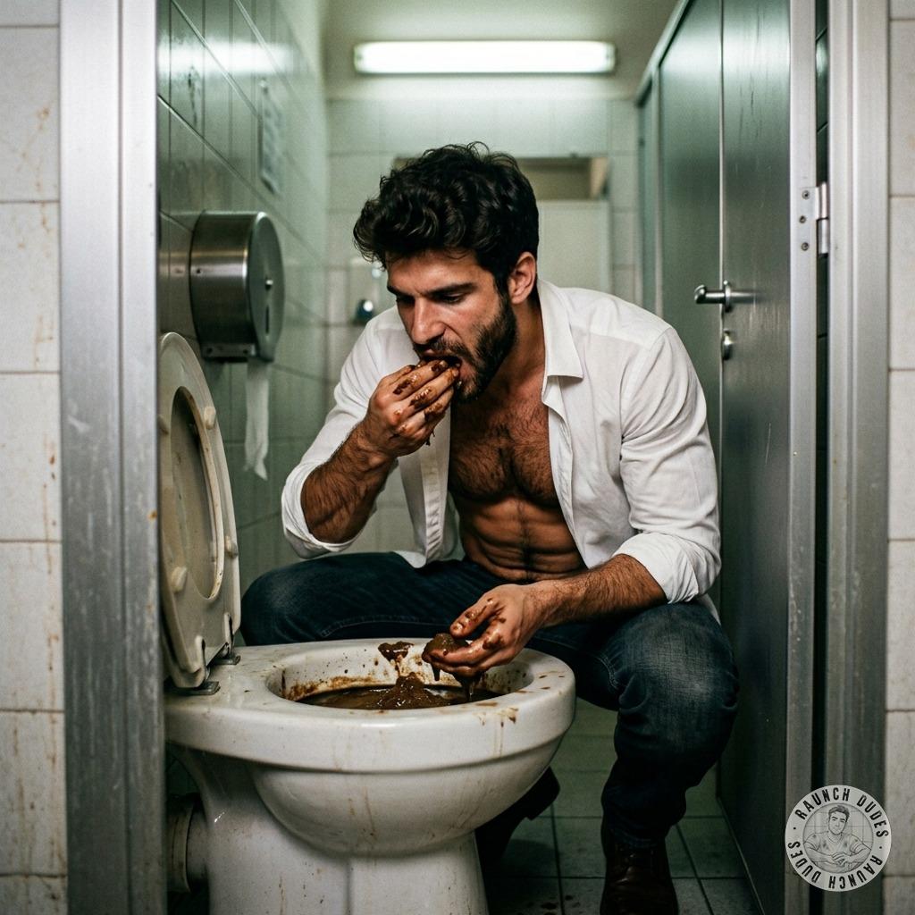 That filthy twink kneels on the filthy toilet seat, shoves his face in the bowl, and greedily slurps up fresh turds like...