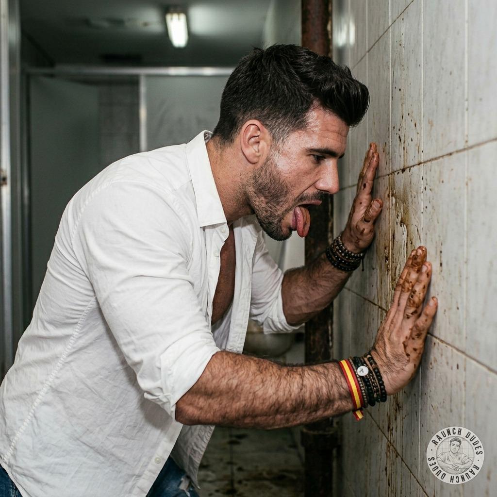 That filthy slut can’t resist licking the grimy public toilet wall, savoring every rancid drop of piss and cum dried in the...
