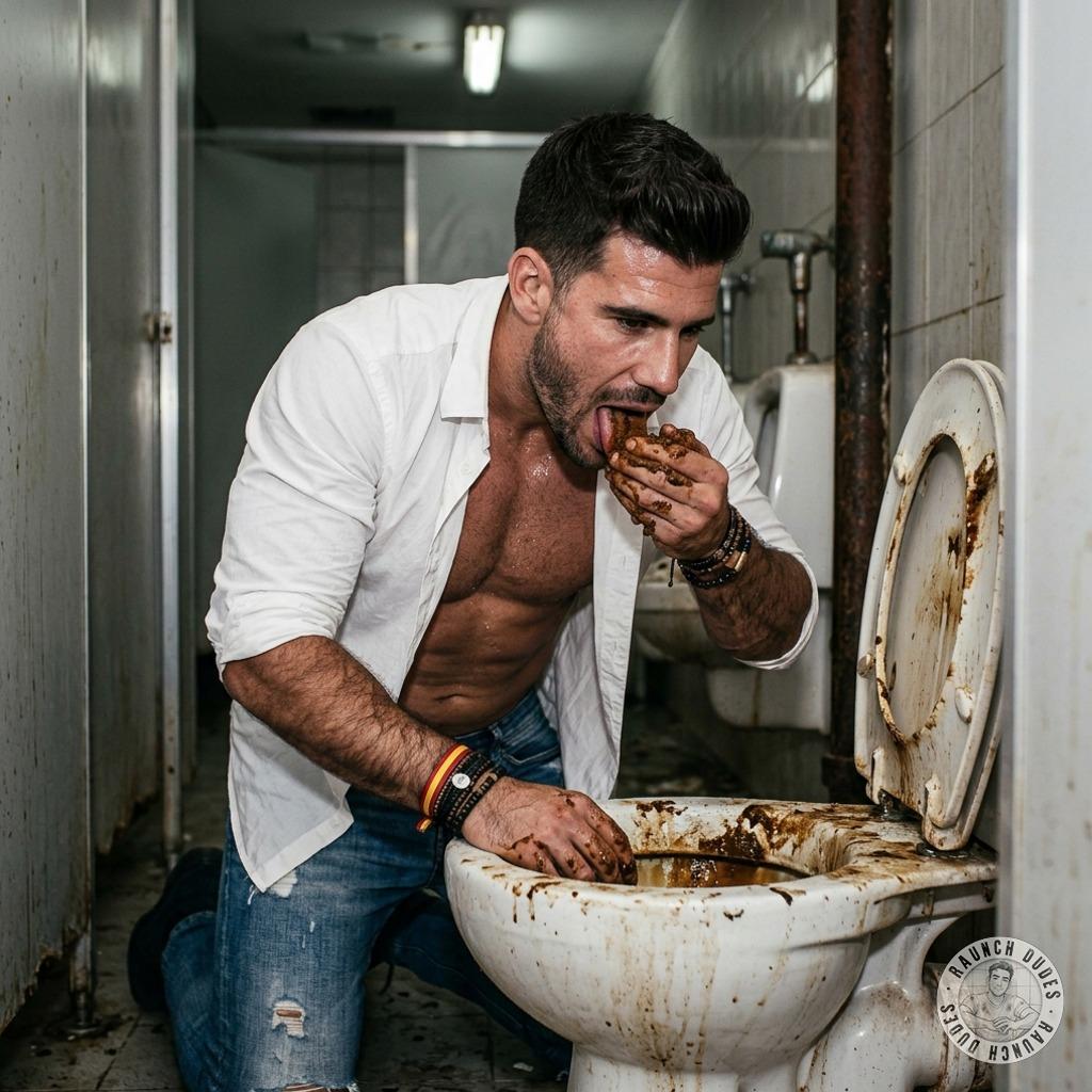 That filthy pig kneels at the public toilet bowl, tongue out, lapping up warm shit straight from the bowl like it’s his last...