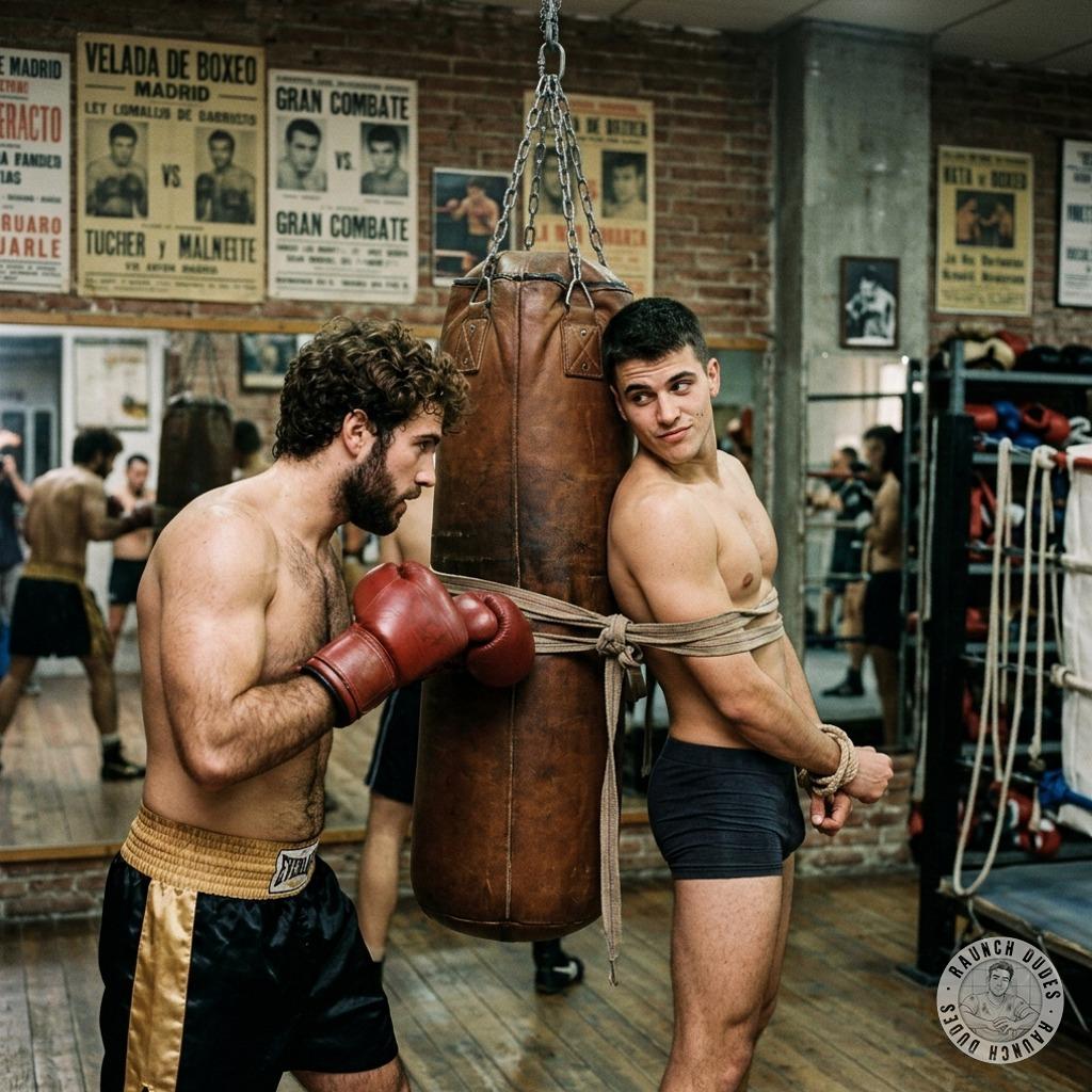 That tight little twink tied to the boxing bag, his ass bouncing with every brutal punch—fuck, I’d love to be the one making...