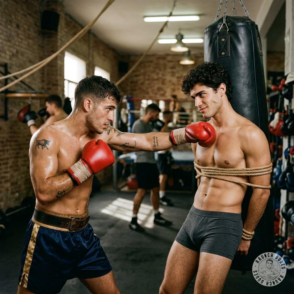 That muscular boxer ties you up to the heavy bag, your tight body trembling as he starts pounding you raw, every punch...