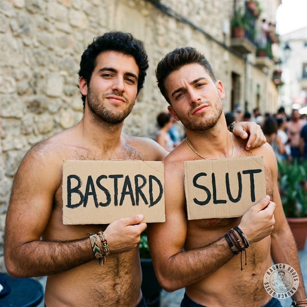 Two dudes holding signs—one says basard, the other slut. One’s gagging for a face full of cum, the other’s begging to be...
