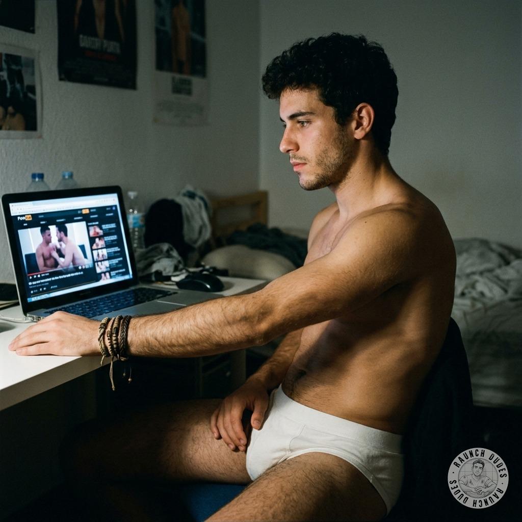 Stiffening his cock while jerking off to gay porn, he’s lost in filthy pleasure #perverts #dirtyoffice