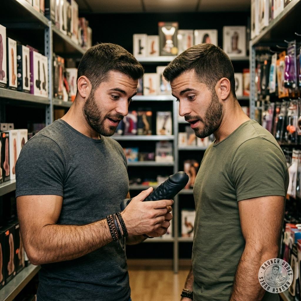 Two hot twinks stare slack-jawed at a monster #dildo in the shop—imagine stuffing that thick slab down your throat till you...