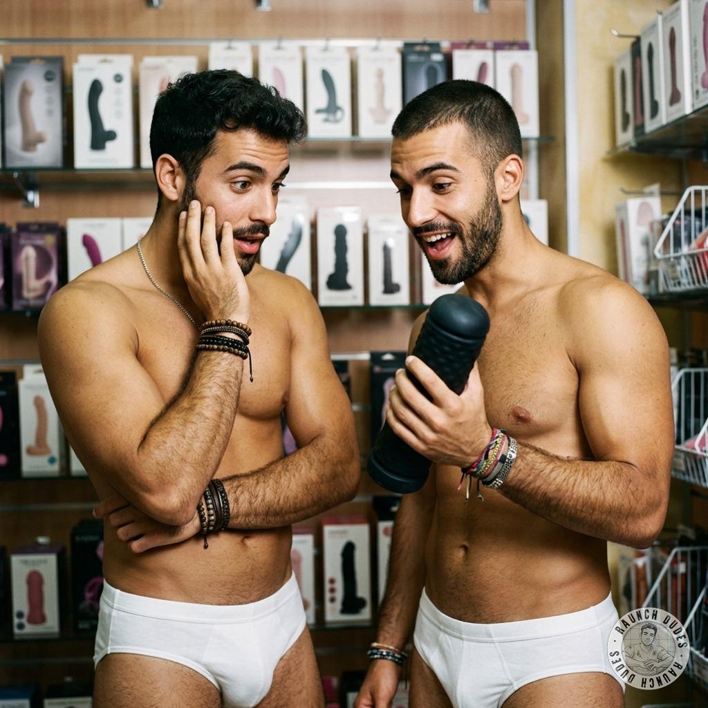 Two hungry twinks stare at a monstrous dildo in the shop, licking their lips like it’s the last meal they’ll ever eat 😈🔥...