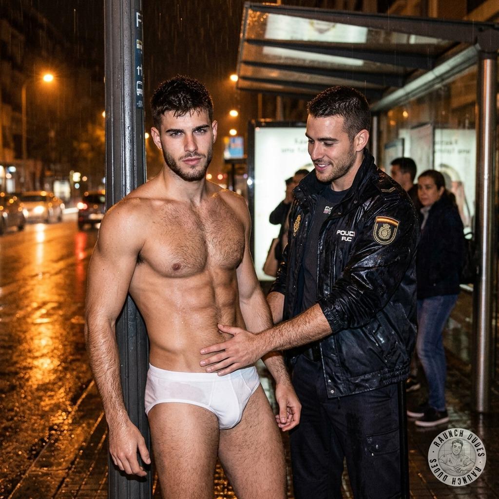 That cop’s hands were all over my bulge in my tighty-whities at the bus stop—felt like he was marking his territory 😈🔥...