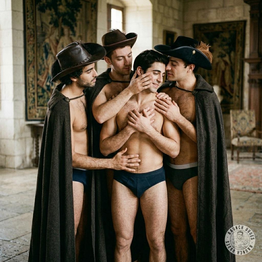 Dartagnan’s hole is dripping, aching for those three swords to wreck his tight ass raw. #gladiators #gangbang #submission...